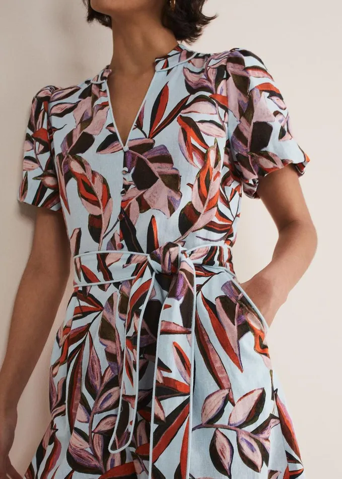 Phase Eight Vivian Linen Leaf Print Playsuit Aquamulti Women Dresses