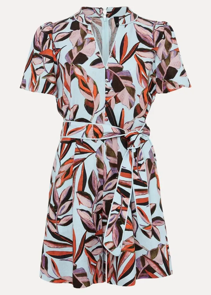 Phase Eight Vivian Linen Leaf Print Playsuit Aquamulti Women Dresses
