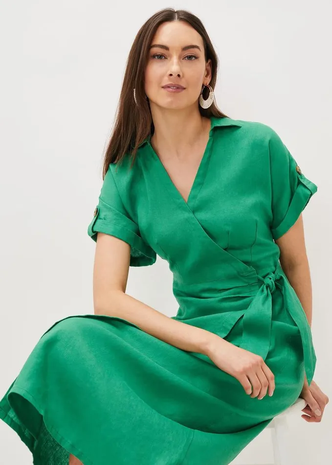 Phase Eight Yasse Linen Wrap Midi Dress Green Women Dresses