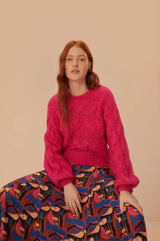 Pink Maxi Cable Knit Sweater Women Farm Rio Sweaters and Sweatshirts