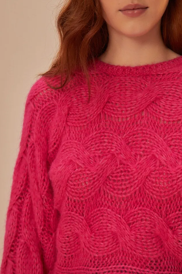 Pink Maxi Cable Knit Sweater Women Farm Rio Sweaters and Sweatshirts