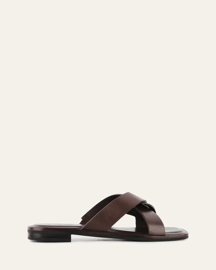 Piper flat slides chocolate leather Women FLAT SANDALS jomercer