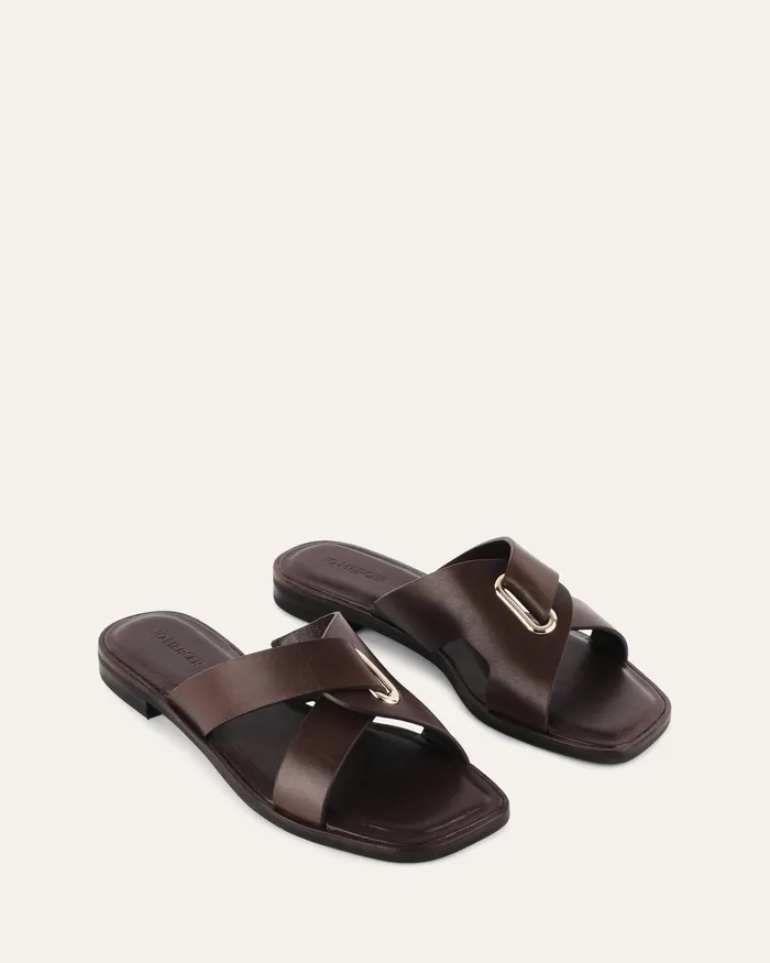 Piper flat slides chocolate leather Women FLAT SANDALS jomercer Piper flat slides chocolate leather Women FLAT SANDALS jomercer