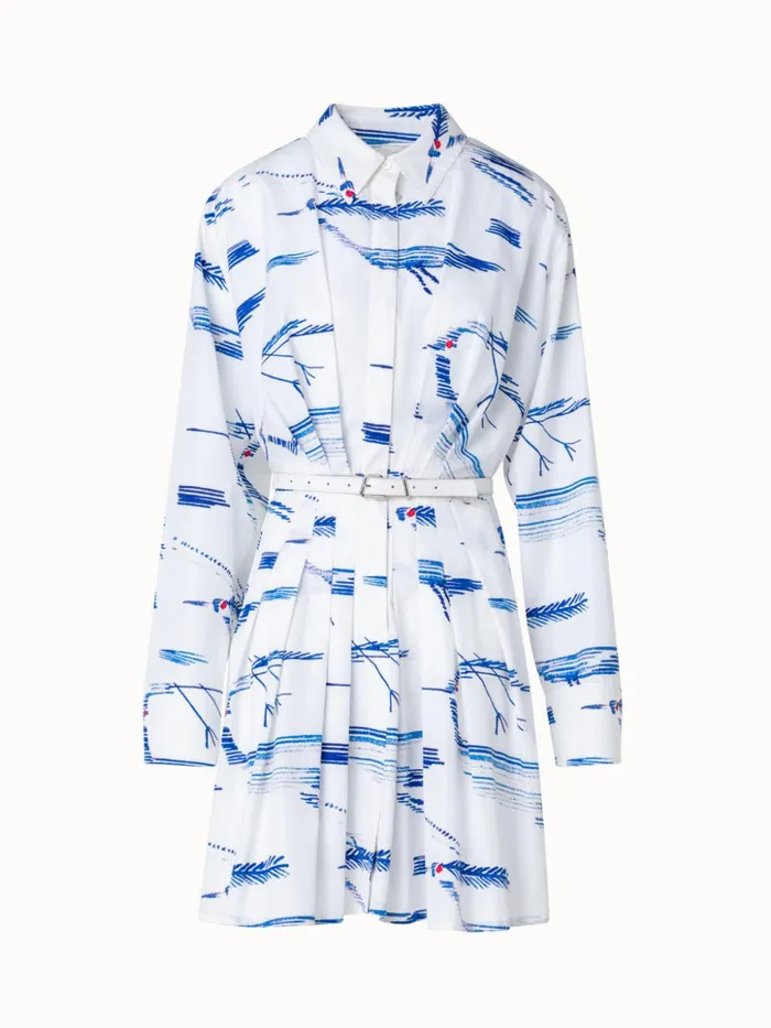 Pleated Cotton Shirt Dress With Kasuri Birds Print Ecrudenim Women Akris Dresses