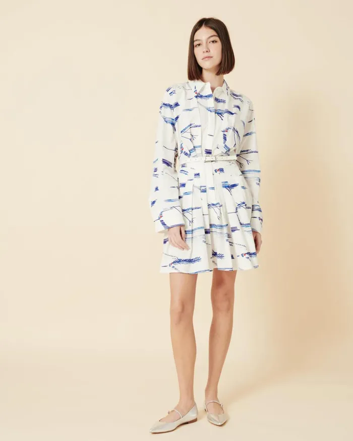 Pleated Cotton Shirt Dress With Kasuri Birds Print Ecrudenim Women Akris Dresses