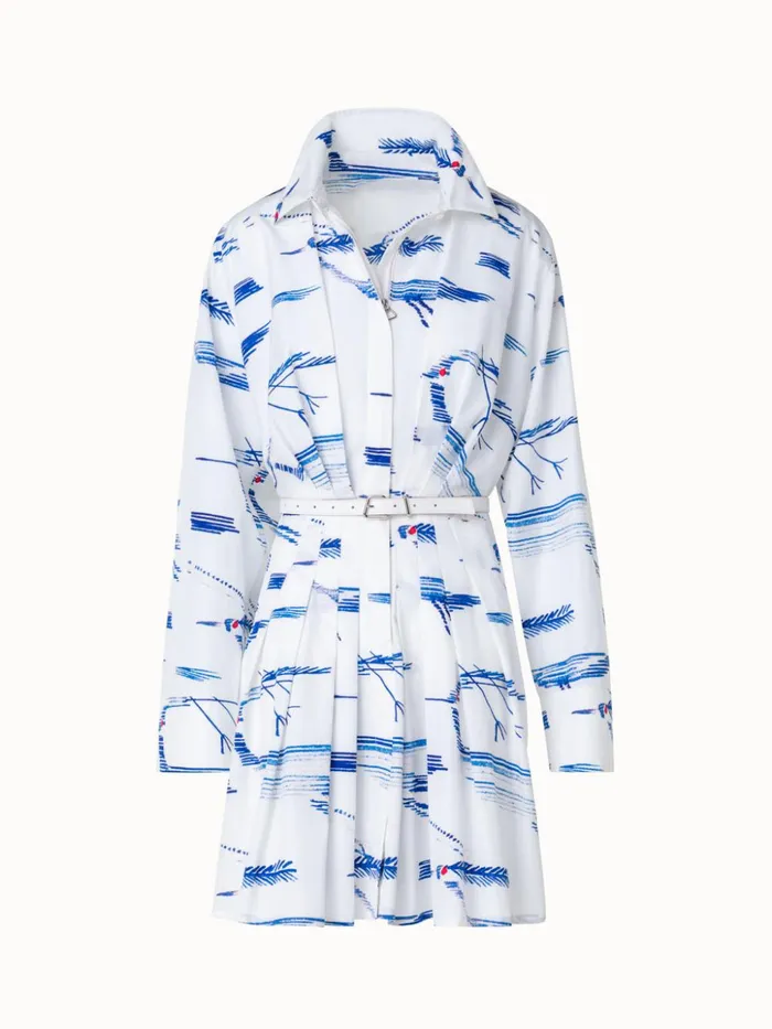 Pleated Cotton Shirt Dress With Kasuri Birds Print Ecrudenim Women Akris Dresses