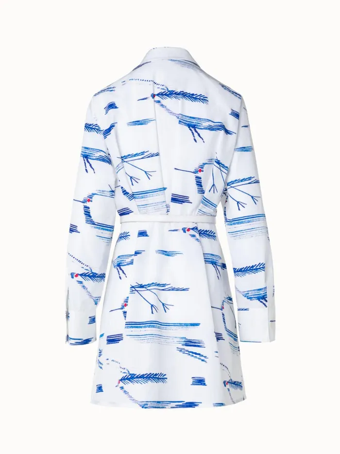 Pleated Cotton Shirt Dress With Kasuri Birds Print Ecrudenim Women Akris Dresses