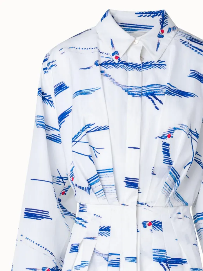 Pleated Cotton Shirt Dress With Kasuri Birds Print Ecrudenim Women Akris Dresses