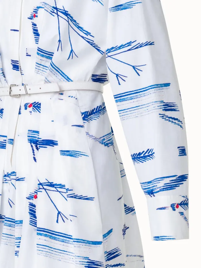 Pleated Cotton Shirt Dress With Kasuri Birds Print Ecrudenim Women Akris Dresses