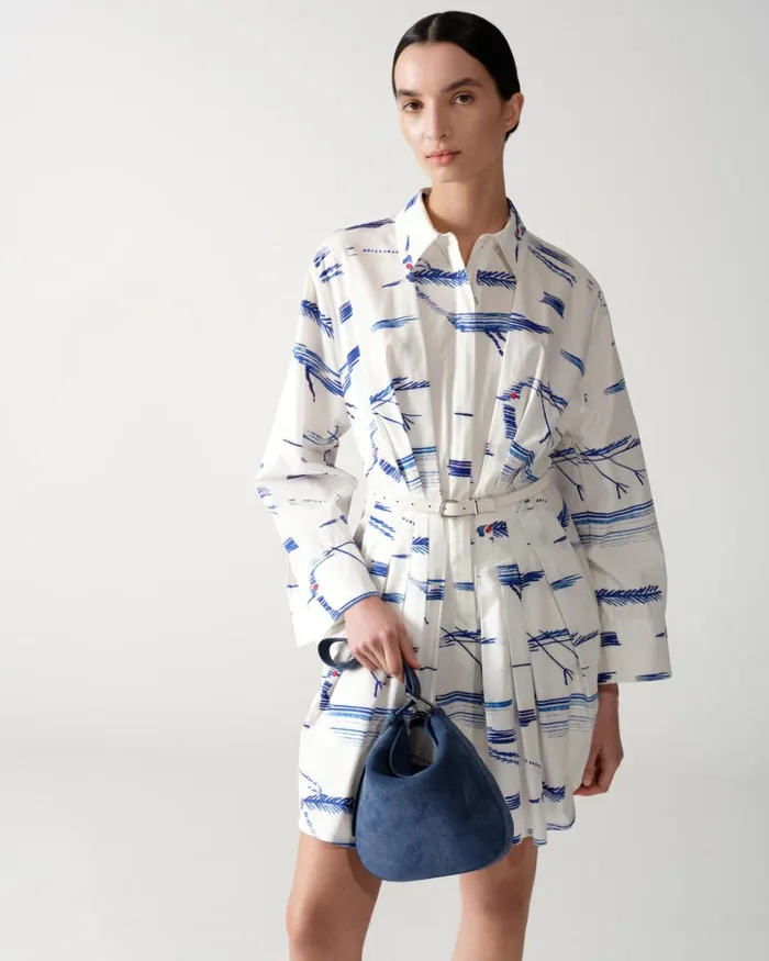 Pleated Cotton Shirt Dress With Kasuri Birds Print Ecrudenim Women Akris Dresses