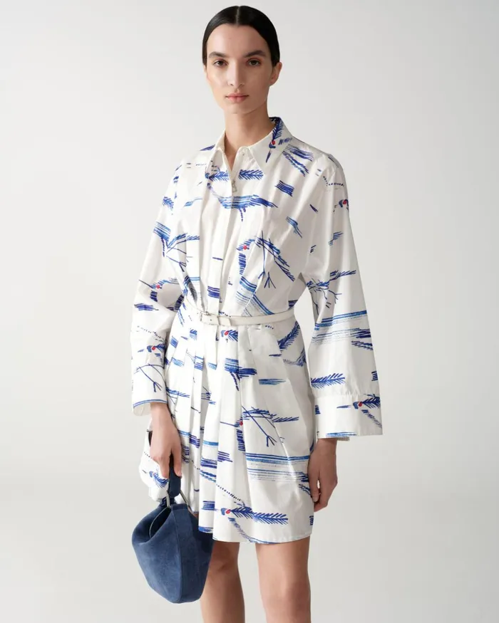 Pleated Cotton Shirt Dress With Kasuri Birds Print Ecrudenim Women Akris Dresses