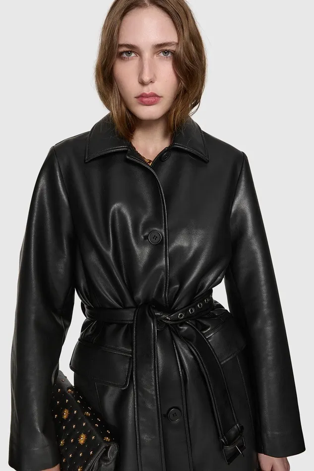 Rebecca Minkoff Belted Vegan Leather Trench Black Women Outerwear