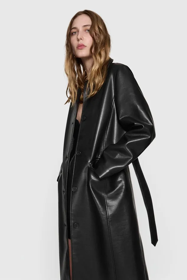 Rebecca Minkoff Belted Vegan Leather Trench Black Women Outerwear