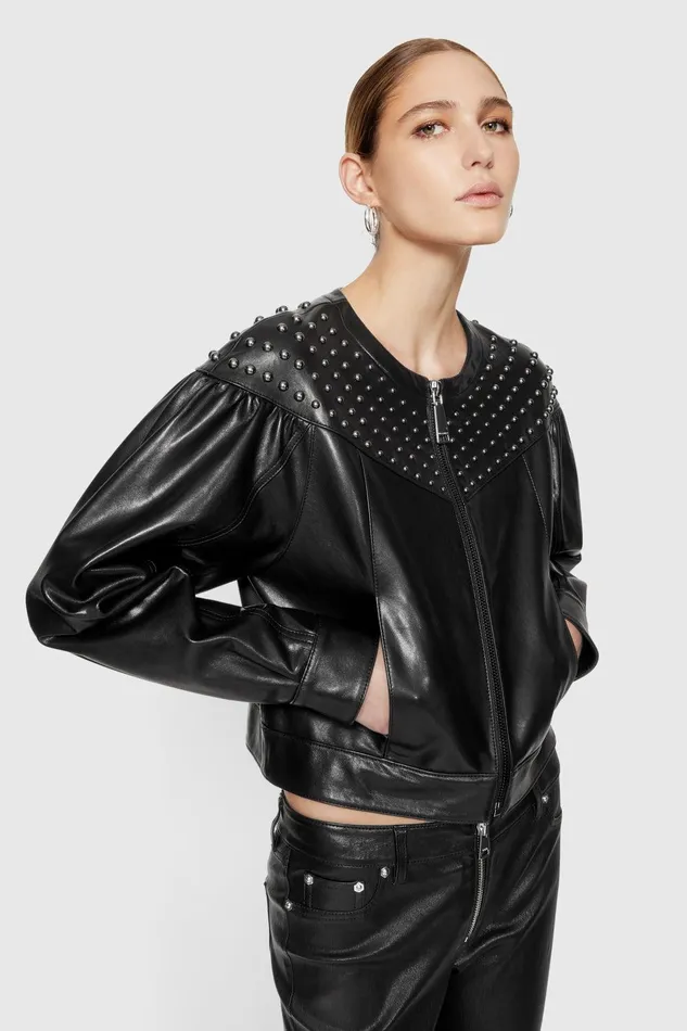 Rebecca Minkoff Ozzy Studded Leather Jacket True Black Women Outerwear