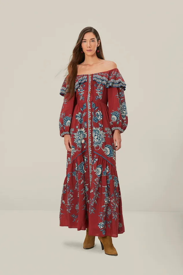 Red Tropical Landing Off Shoulder Maxi Dress Women Farm Rio Maxi Dresses