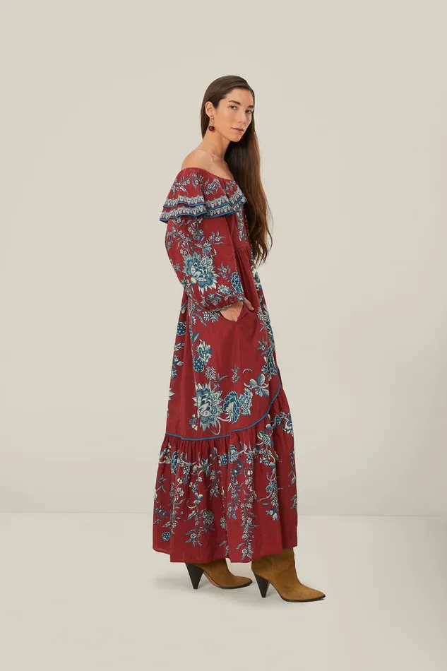 Red Tropical Landing Off Shoulder Maxi Dress Women Farm Rio Maxi Dresses