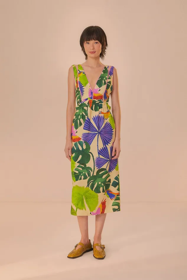 Sand Macaw Jungle V Neck Midi Dress Women Farm Rio Midi Dresses
