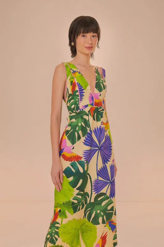 Sand Macaw Jungle V Neck Midi Dress Women Farm Rio Midi Dresses