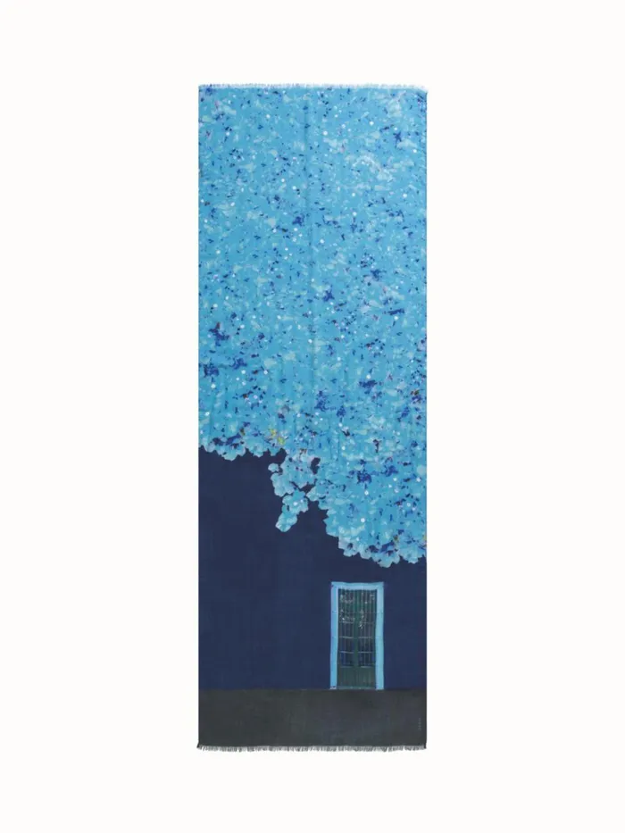 Scarf In Cashmere And Silk With Bougainvillea Porta Print Blue Women Akris Cashmere