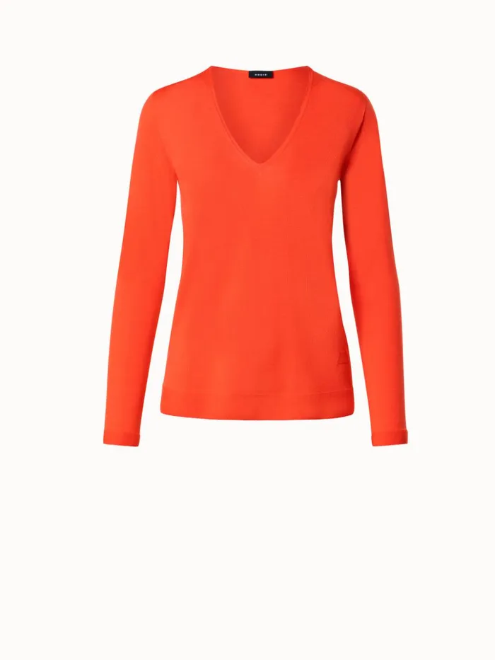 Seamless Cashmere Silk Knit VNeck Pullover Coral Women Akris Cashmere