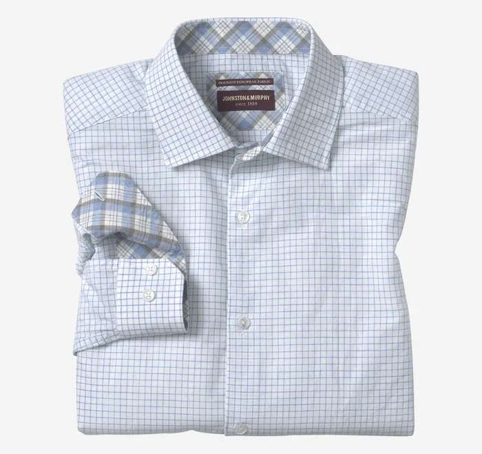 Shirts Men LinenBlend Dress Shirt WhiteBlue Windowpane Johnston and Murphy