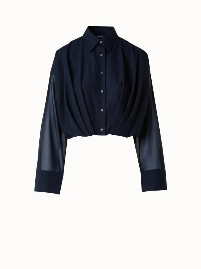 Short Cotton Voile Blouse With Wide Sleeves Black Women Akris Blouses