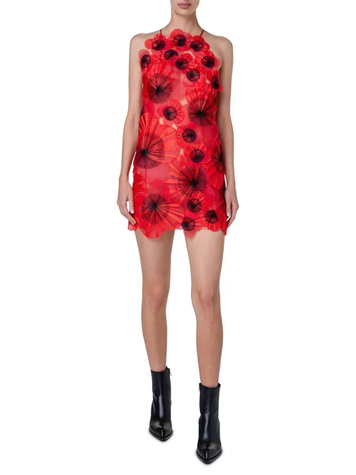 Short Dress With With Allover Poppy Embroidery And Open Back Poppyblack Women Akris Dresses