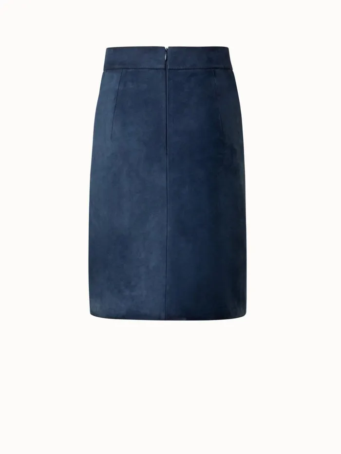 Short Pencil Skirt In Suede Leather Navy Denim Women Akris Skirts