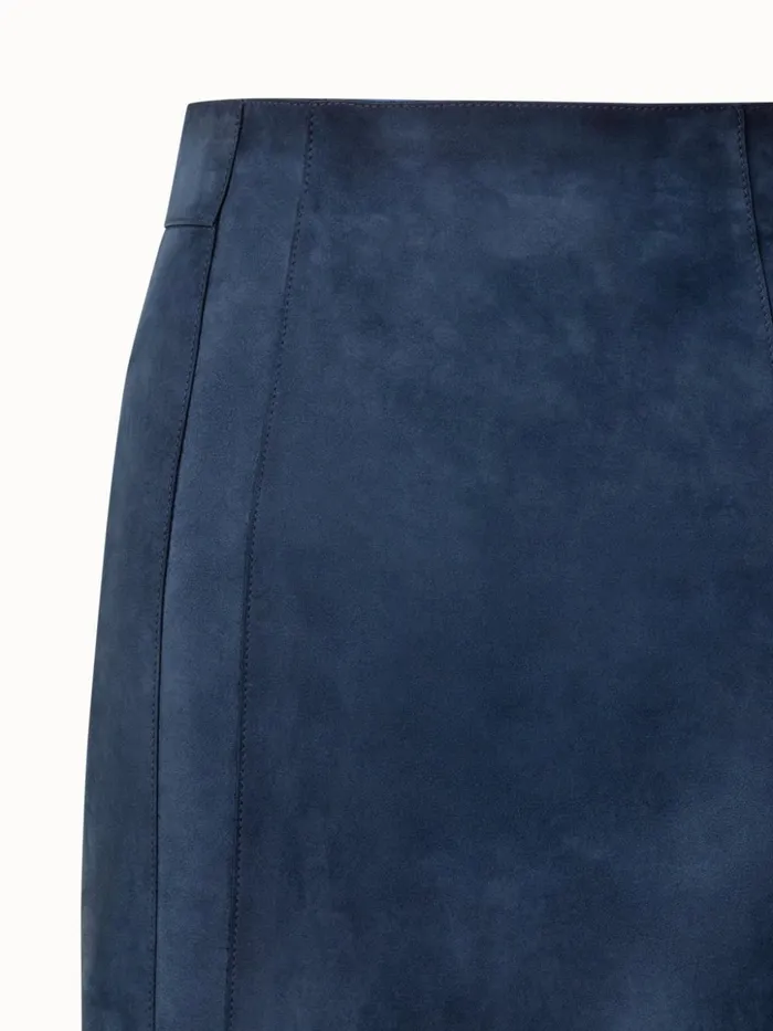 Short Pencil Skirt In Suede Leather Navy Denim Women Akris Skirts