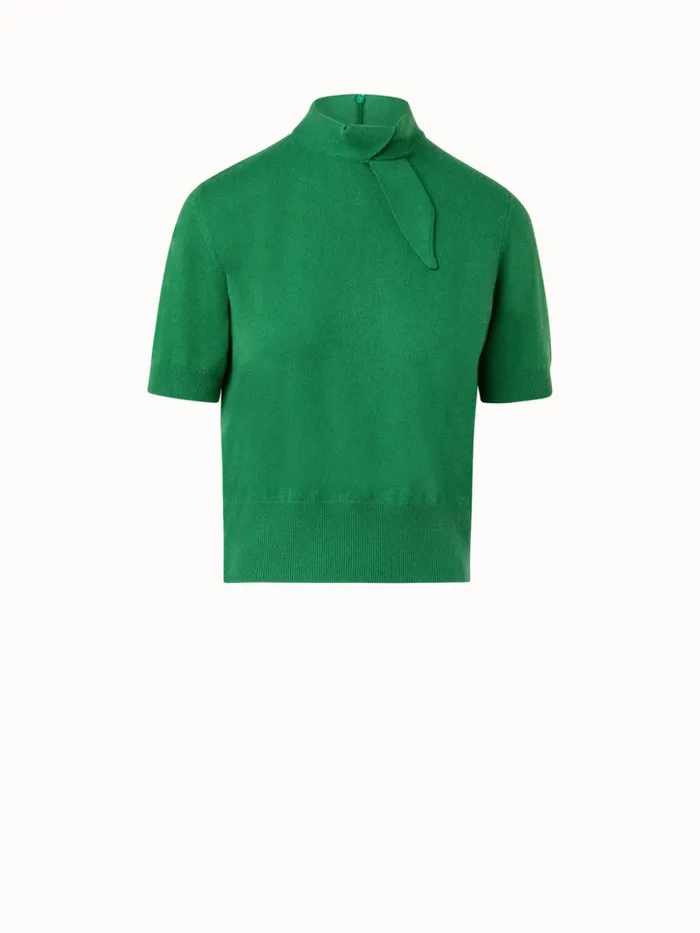 Short Sleeve 100 Cashmere Top With Knot Mockneck Leaf Women Akris Cashmere