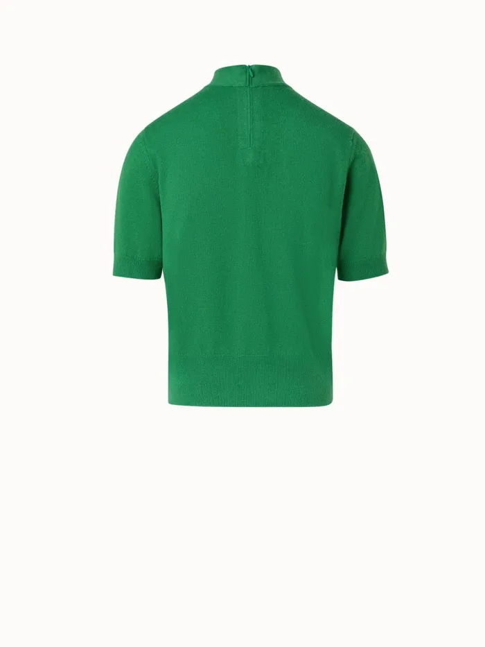 Short Sleeve 100 Cashmere Top With Knot Mockneck Leaf Women Akris Cashmere