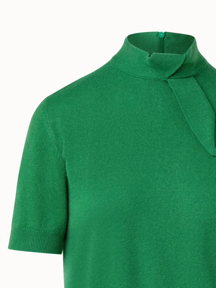 Short Sleeve 100 Cashmere Top With Knot Mockneck Leaf Women Akris Cashmere