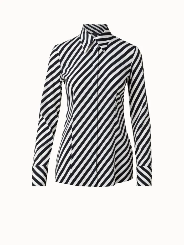 Silk Crpe Blouse With Diagonal Stripes Ecrublack Women Akris Blouses