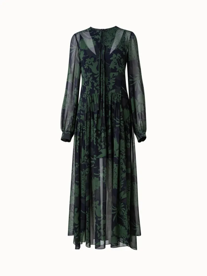 Silk Georgette Long Dress With Abraham Flower Print Moss Women Akris Dresses