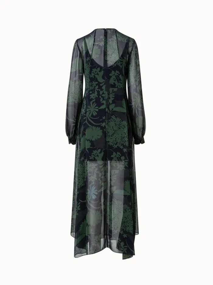 Silk Georgette Long Dress With Abraham Flower Print Moss Women Akris Dresses