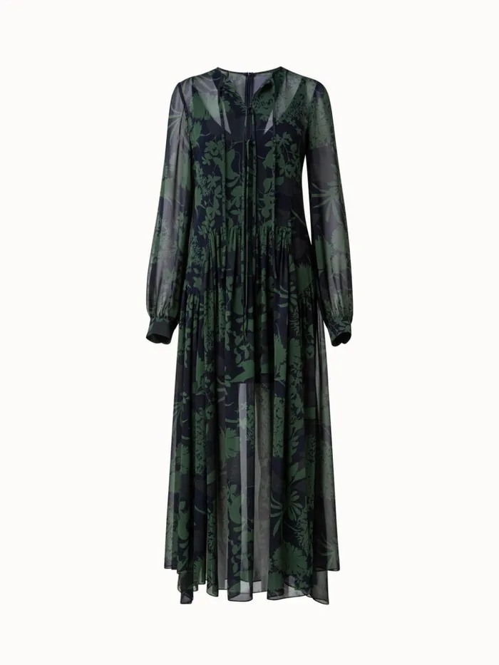 Silk Georgette Long Dress With Abraham Flower Print Moss Women Akris Dresses