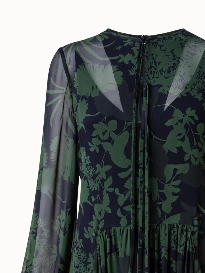 Silk Georgette Long Dress With Abraham Flower Print Moss Women Akris Dresses