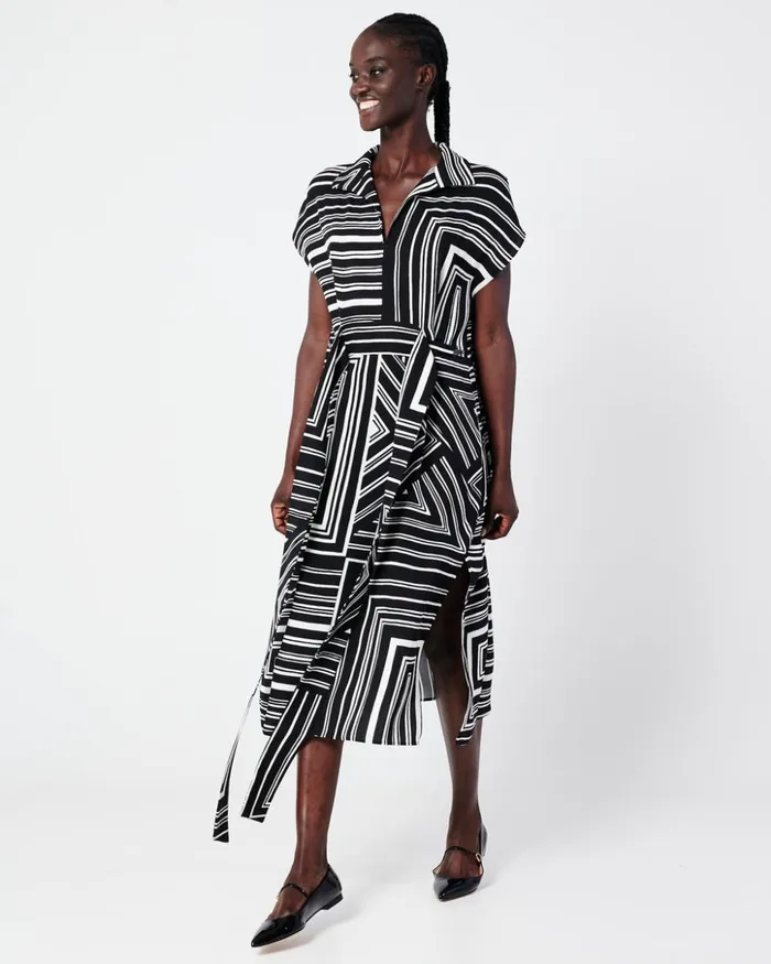 Silk Tunic Dress With Lizzi039s Lines Print Blackecru Women Akris Dresses