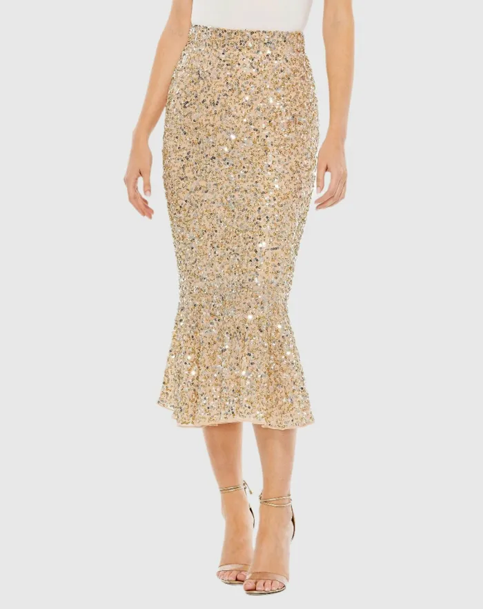 Skirts Mac Duggal Women Sequin Midi Mermaid Skirt Nude Gold