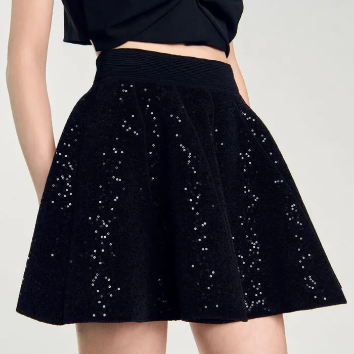 Skirts Women SANDRO Short Sequinned Skater Skirt Black