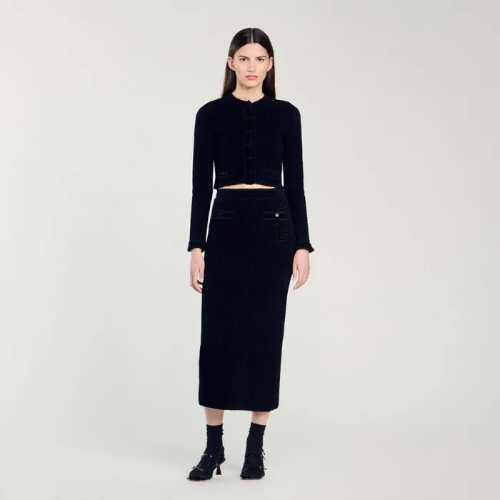 Skirts Women SANDRO Velvet Knit Midi Skirt Black