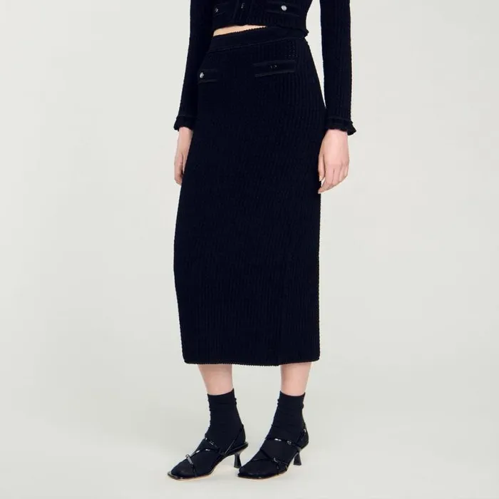 Skirts Women SANDRO Velvet Knit Midi Skirt Black