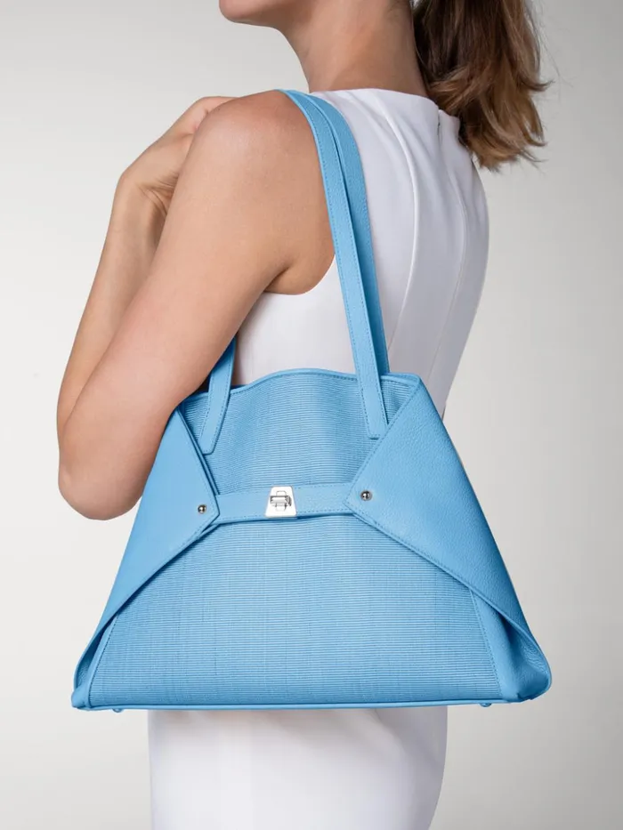 Small Ai Shoulder Bag In Leather And Horsehair Sky Women Akris Tote Bags