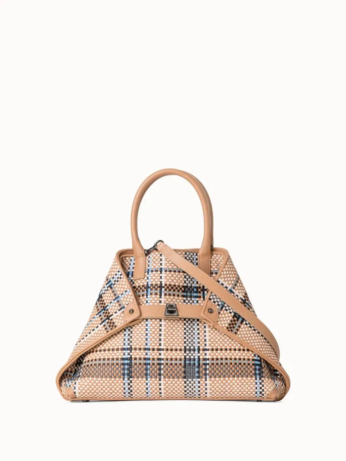 Small Ai Top Handle Bag In Woven Leather Camelpeacock Women Akris Top Handle Bags