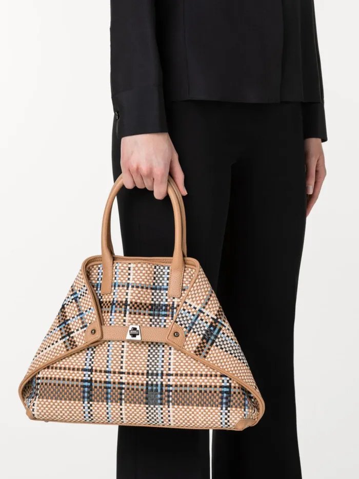 Small Ai Top Handle Bag In Woven Leather Camelpeacock Women Akris Top Handle Bags