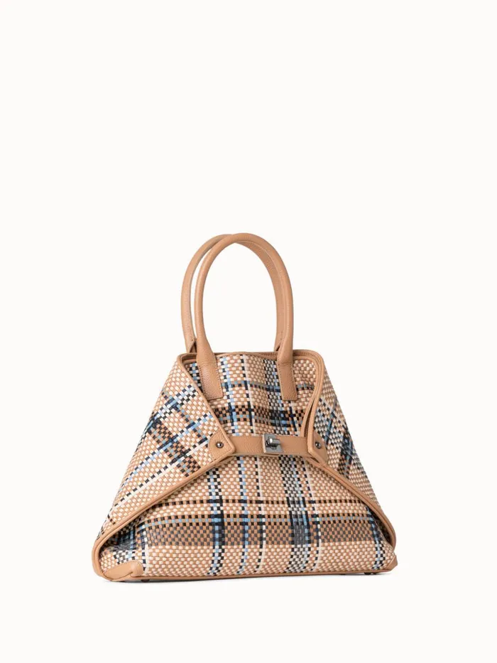 Small Ai Top Handle Bag In Woven Leather Camelpeacock Women Akris Top Handle Bags