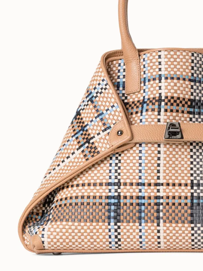 Small Ai Top Handle Bag In Woven Leather Camelpeacock Women Akris Top Handle Bags