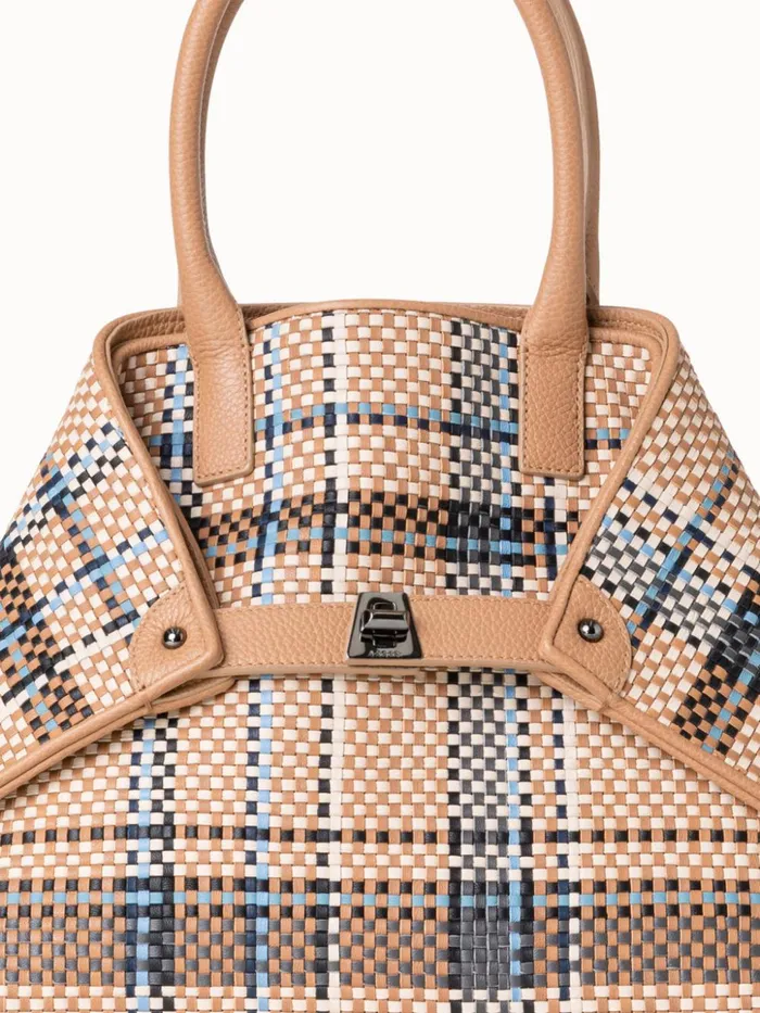 Small Ai Top Handle Bag In Woven Leather Camelpeacock Women Akris Top Handle Bags