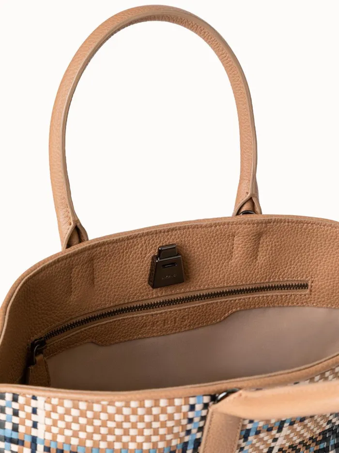 Small Ai Top Handle Bag In Woven Leather Camelpeacock Women Akris Top Handle Bags