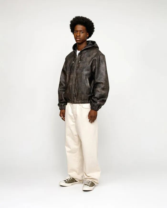Stussy Outerwear WORK JACKET STONEWASH LEATHER Black Leather 8211 MenWomen